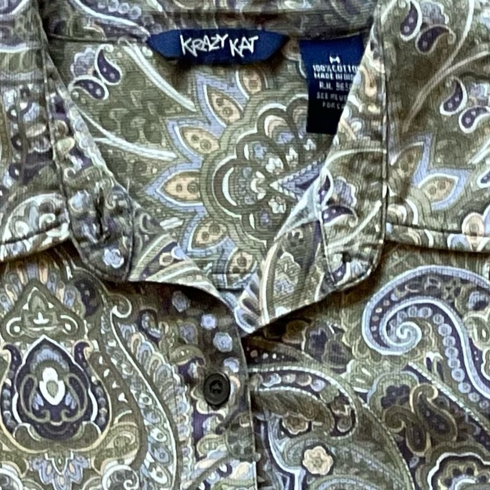 Krazy Kat Vintage Paisley Button Down Shirt Green Blue Purple Cotton Medium - Picture 2 of 10
